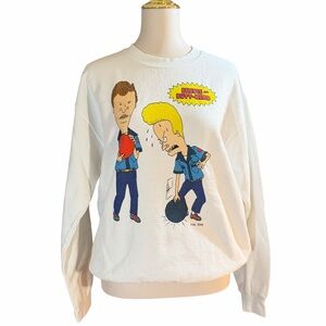 NWOT Beavis and Butthead MTV White L / XL Sweatshirt Animation Iconic 90s Y2K